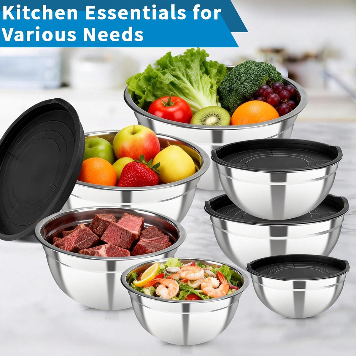 Stainless Steel Mixing Bowls with Lids, 7-Piece Nesting Bowl Set – size reference