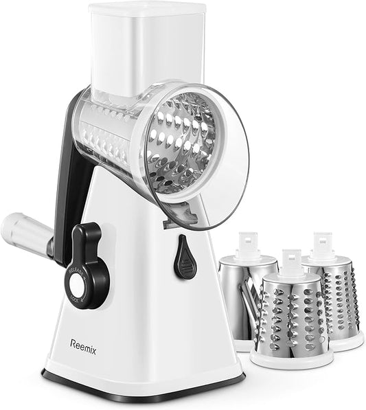 Rotary Cheese Grater with Handle, Reemix Vegetable Cheese Shredder Slicer Grater for Kitchen 3 Changeable Blades for Cheese Potato Zucchini Nuts Chocolate (White)