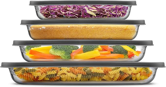 JoyJolt 8-Piece Borosilicate Glass Oven Dishes with Black Lids, Rectangle Deep Glass Baking Dish Set, Baking Pans for Lasagna Casserole Cake, Bakeware Set, Freezer to Oven Tray to Dishwasher