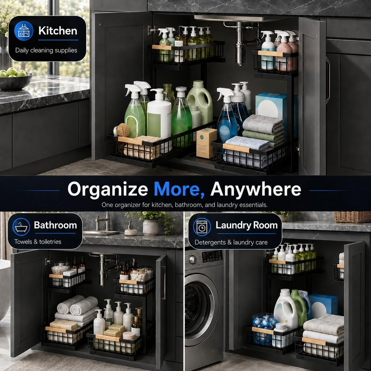 Under Sink Organizer 2 Pack, Double Slide Out Metal Shelf, Black – alternate view