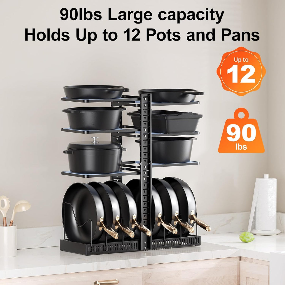 Pots and Pans Organizer under Cabinet, Kitchen Storage Rack, Black – features