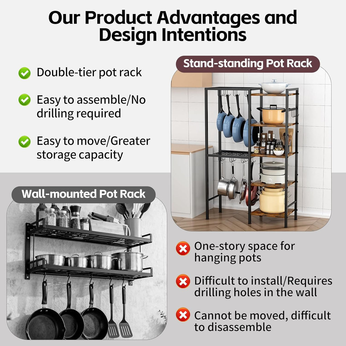 5-Tier Pot and Pan Organizer Rack with Hooks, Heavy-Duty Kitchen Storage Shelf – features