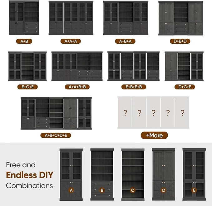 70.8" Tall Farmhouse Bookshelf, Modular Bookcase with Glass Doors, 6-Tier Adjustable Shelves, Large Storage Cabinet for Kitchen, Living Room, Black, Set of 2