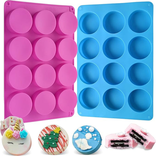 Sakolla 2 PCS Round Chocolate Cookie Molds, 12 Cavity Cylinder Silicone Molds for Chocolate Covered Oreos, Cake, Candy, Pudding, Mini Soap (Rose Red + Blue)