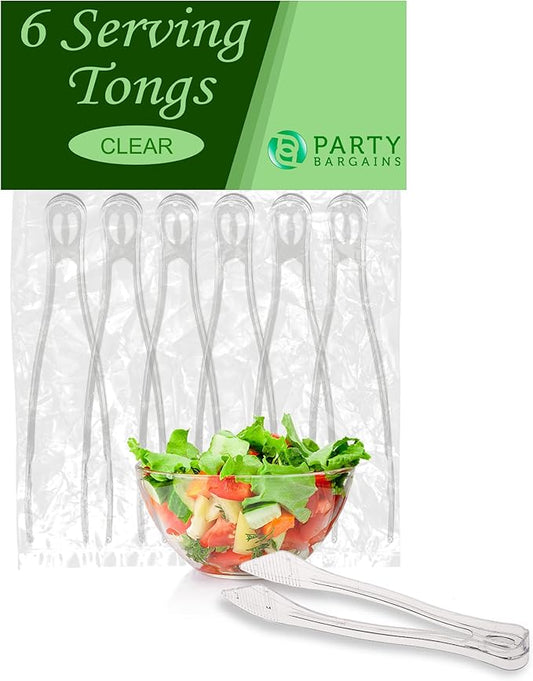 PARTY BARGAINS 8.5 Inches Plastic Serving Tongs, 6 Pack, Premium Quality & Heavy-Duty Clear Plastic Tongs for BBQ, Salads, Grilling, Buffets, & Kitchen