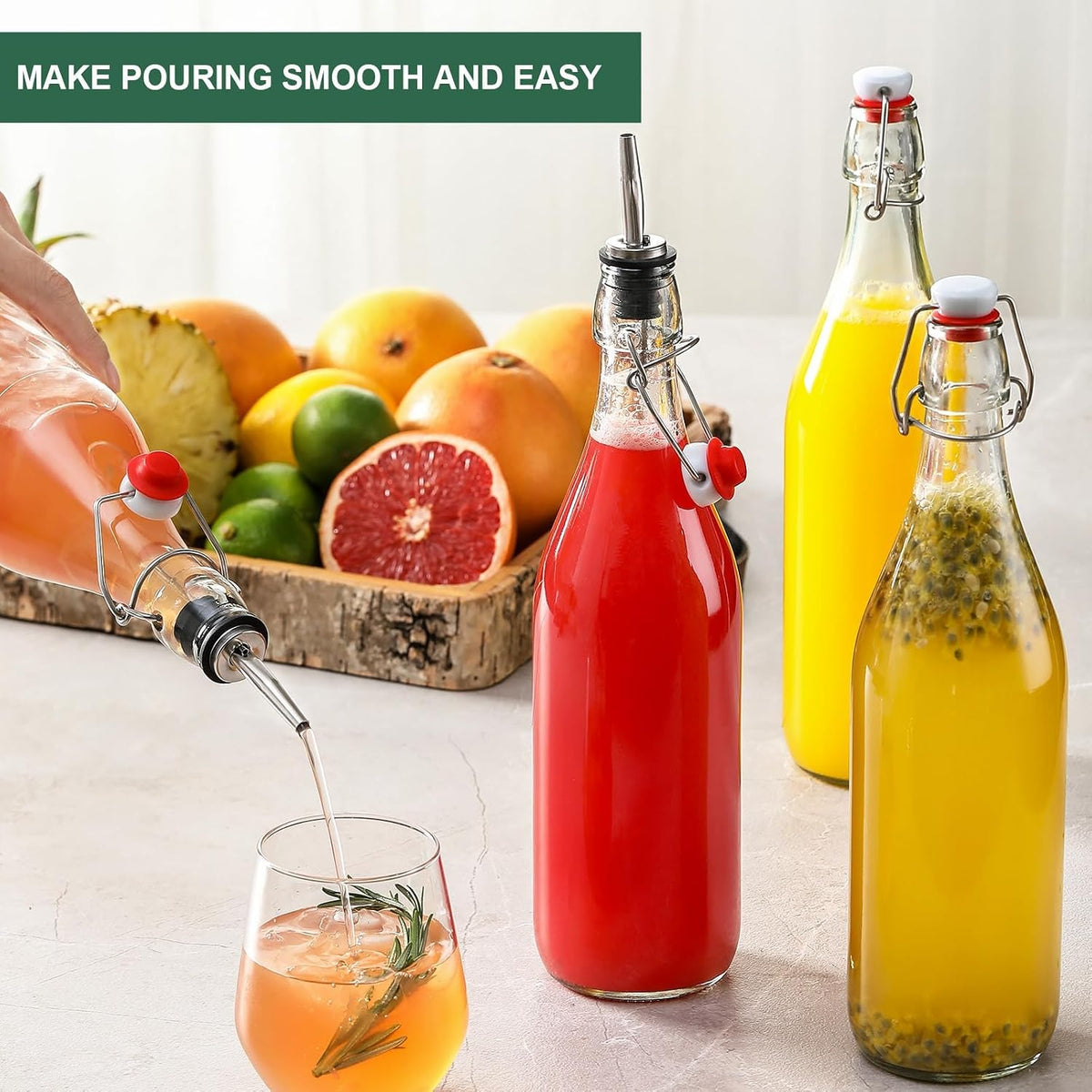 8 PACK [1 Liter/33 fl. oz.] Swing Top Glass Bottles w/ 2 Funnels & Pourers – features