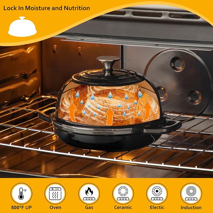 Dutch Oven, 5 Quart Enameled Cast Iron Bread Pot with Dome Lid, Black