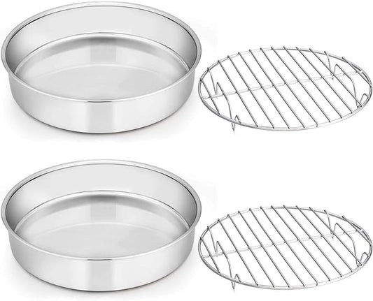 E-far 8-inch Round Cake Pan with Rack Set, Stainless Steel Cake Pans Tins and Baking Cooling Racks, Non Toxic & Healthy, Mirror Polished & Dishwasher Safe - 4 Pieces (2 Pans + 2 Racks)