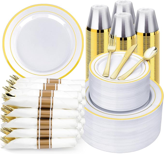 Plates with Gold Rims: 100 Dinner and Salad Plastic Plates