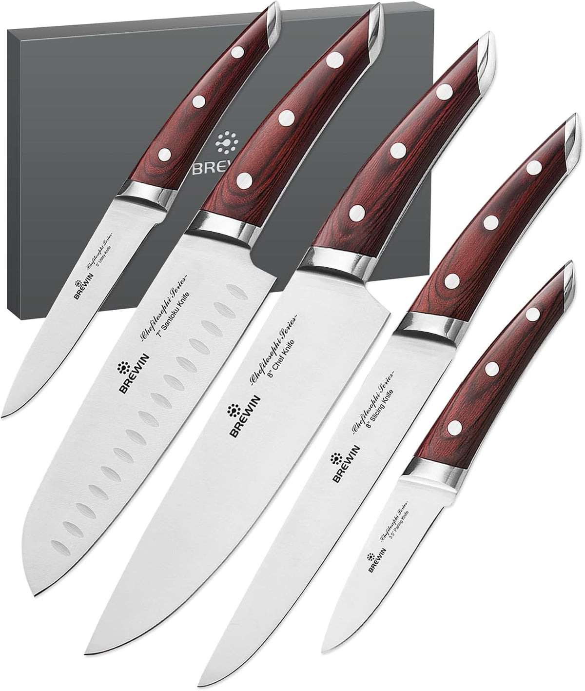 CHEFILOSOPHI Japanese Chef Knife Set 5 PCS with Elegant Red Pakkawood Handle