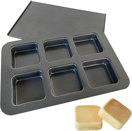 6 Cup Square English Muffin Pan with Lid Straight Side Hamburger Burger Bun Egg Sandwich Frittata Cinnamon Roll Focaccia Quiche Pancake Nonstick Baking Tin Tray Mold