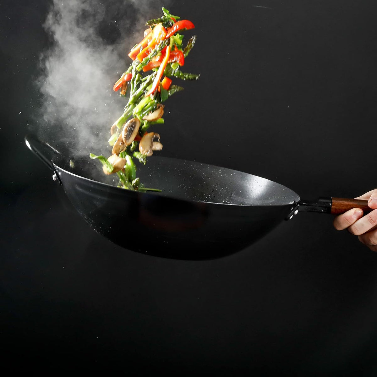 14 Inch Carbon Steel Wok Pan, Flat Bottom Stir Fry Pan, Induction – size reference