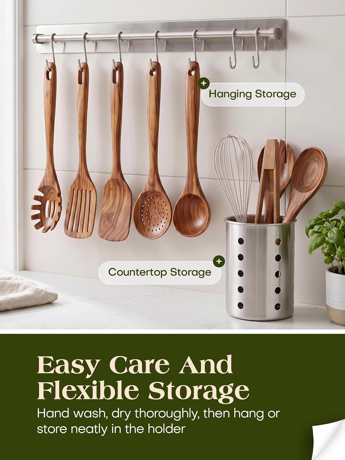 11‑Piece Natural Teak Wood Kitchen Utensil Set with Holder, Non‑Toxic Cooking – set view