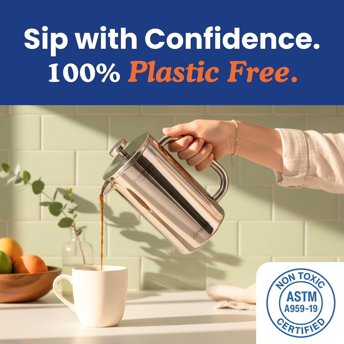 Non-Toxic Stainless Steel French Press, No Plastic or Heavy Metals, 34 oz – detail