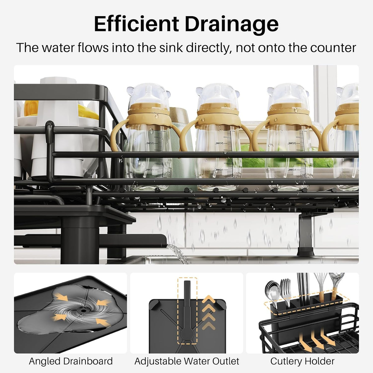 Expandable Dish Drying Rack for Kitchen Counter, Stainless Steel, Black – features