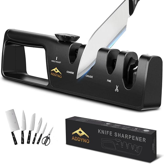 4-in-1 Knife Sharpener with Angle Guide, Adjustable Edge,3-Stage Coarse–Sharpen–Fine + Scissors Slot, Non-Slip Base & Ergonomic Handle for Kitchen Knives,Square Black