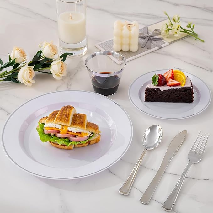 Plastic Plates Set, 175 Pieces, Silver Rim, Serves 25 Guests