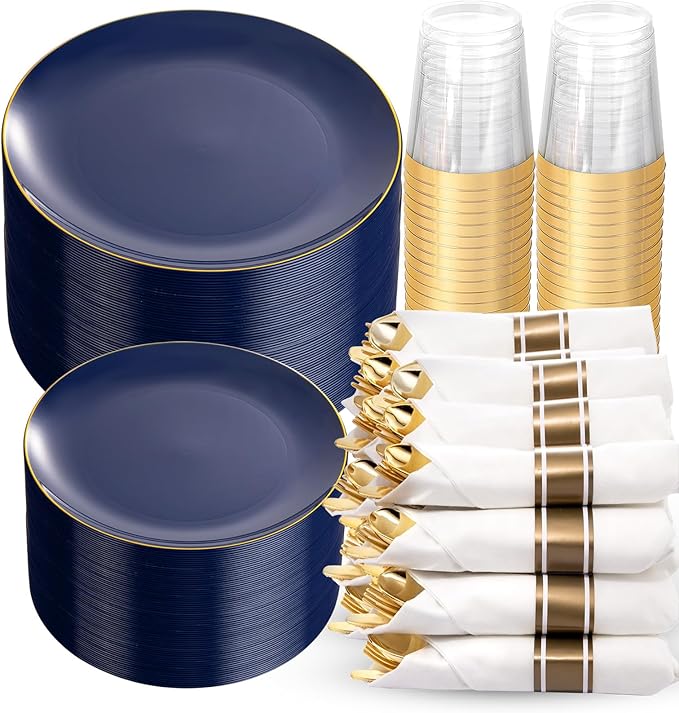 Plates Set, Navy Blue Heavy Duty Plastic with Gold Trim, 350 Pieces
