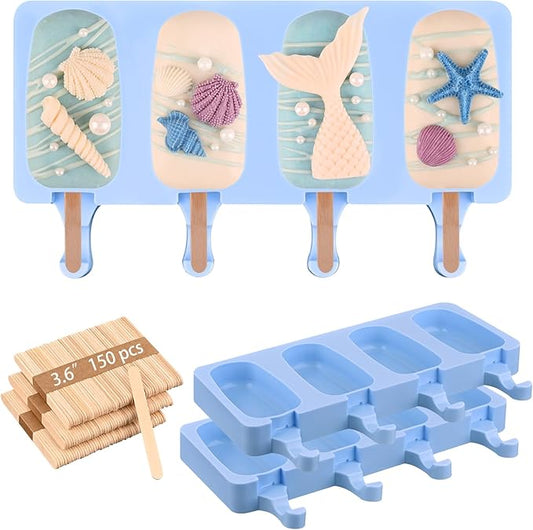 Sakolla Large Silicone Popsicle Molds Set of 3, Oval 4 Cavities Homemade Ice Pop Molds with 150 Wooden Sticks for Ice Cream, Cakesicles, Cake Pop (Blue)
