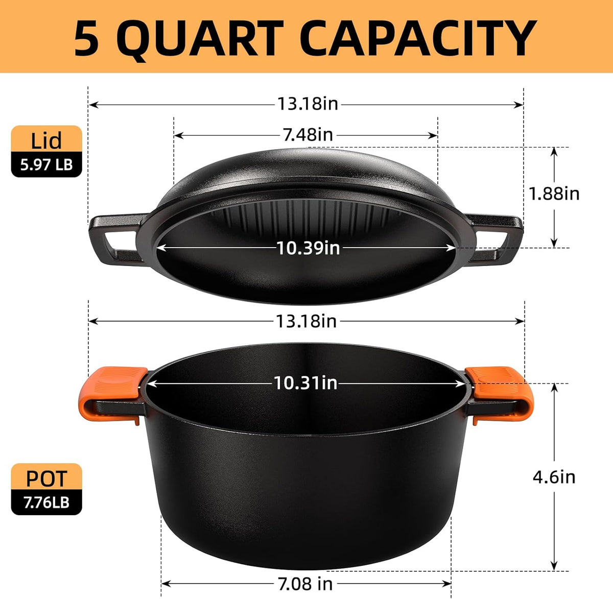 Cast Iron Dutch Oven Pot with Skillet Lid – Pre-Seasoned – Skillet Lid Cooking – close-up