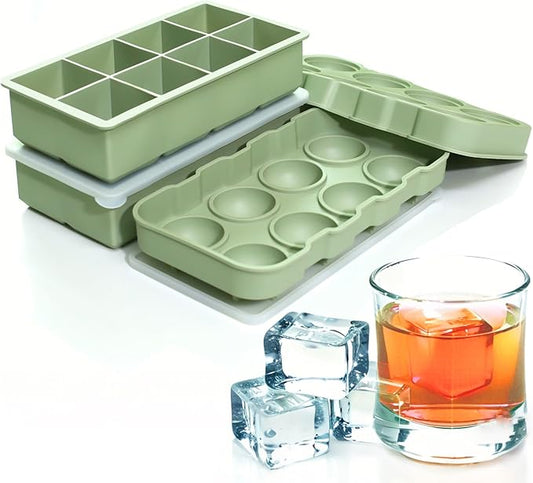 Large Ice Cube Trays Perfect for Whiskey and Summer Drinks - Space Black, Italian Design - 2 Pack (16 x Ice Cubes | Square and Round | XL) - Cosvino - Removable Lid, Easy Release (Olive Green)