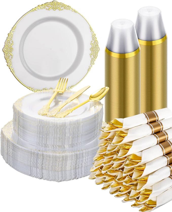 Disposable Plates Set, 350 Pieces, Clear Gold Trim for 50 Guests