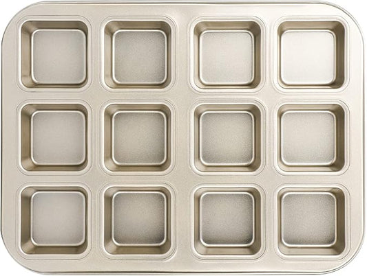 Beasea Brownie Pan with Dividers, 1 Set Gold All Edges Square Cupcake Brownie Pans 12 Cavity Mini Non Stick Baking Carbon Steel Bread Mold Small Edge 3x4 Individual Cutter Sheet Tray for Cake Oven