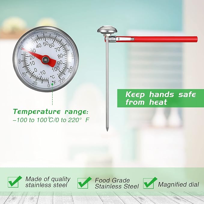 Xuhal 3 Pcs Stainless Steel Kitchen Thermometer with 5 Inch Long Stem 1 Inch Dial Thermometer Milk Frothing Food for Oven Probe Meat Grill BBQ Cooking Chocolate Water (Red,Black,White)