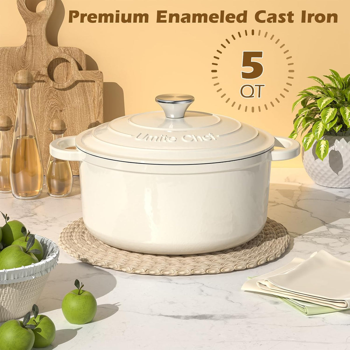 Enameled Cast Iron Dutch Oven - 5QT Pot with Lid & Cotton Potholders – close-up