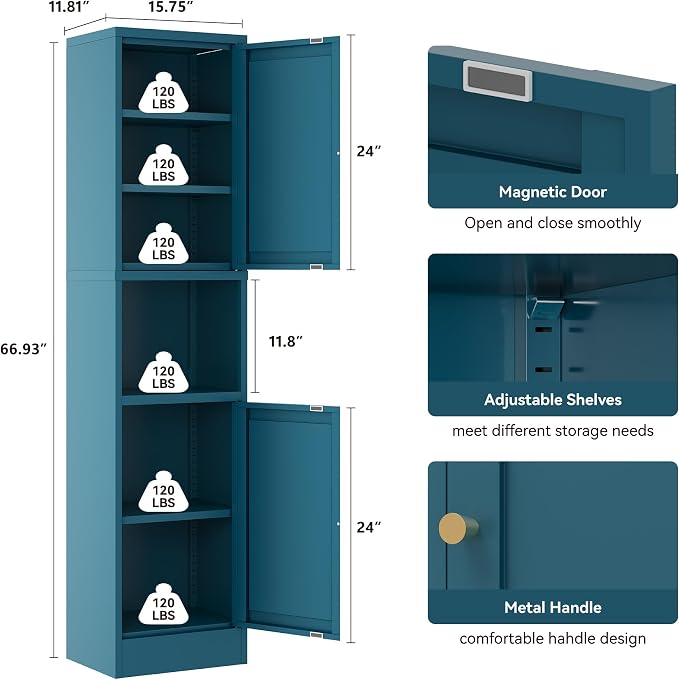 Metal Pantry Storage Cabinet, 2-Door Tall Slim, Blue