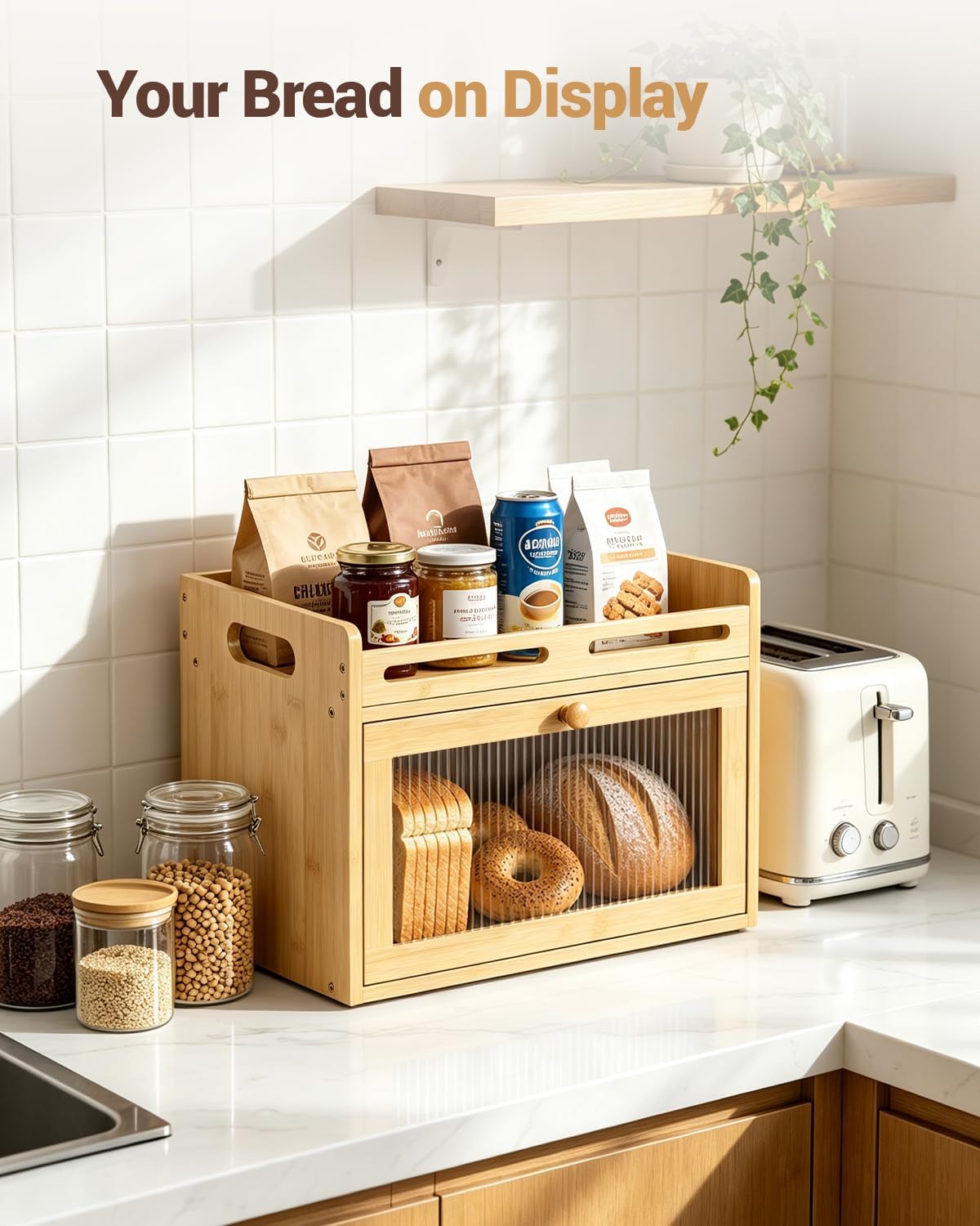 Bread Box for Kitchen Countertop, Bamboo Storage Container with Top Shelf – size reference