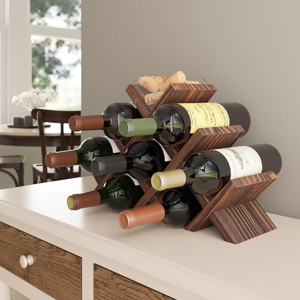 Alella Countertop Wood Wine Rack for 8 Bottles Holder and Cork Storage Tabletop – size reference