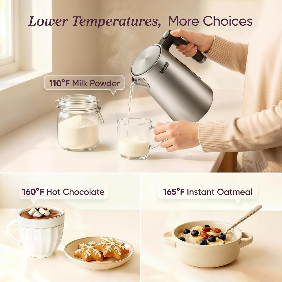 Stainless Steel Electric Kettle with Temperature Control, 1.7L – set view