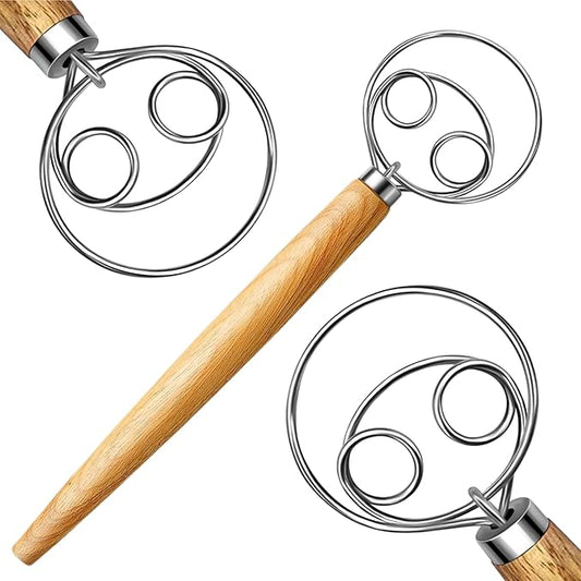 Danish Dough Whisk Stainless Steel Dough Hook Dutch Whisk for Sourdough Bread Dough Mixer Hand Wooden Handle Kitchen Whisking Mixing Tool Bread Making Tools and Supplies pizza dough
