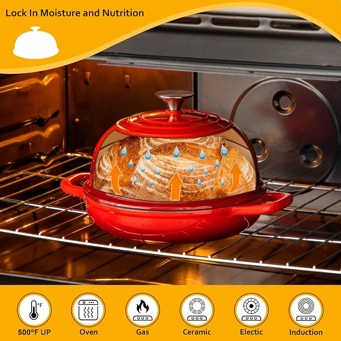 Dutch Oven, 5 Quart Red Cast Iron with Dome Lid for Bread Baking