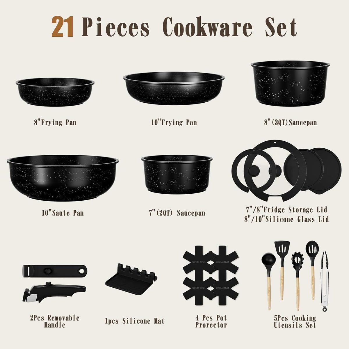 21Pcs Pots and Pans Set Non Stick, Nonstick Ceramic Cookware Sets Detachable – detail