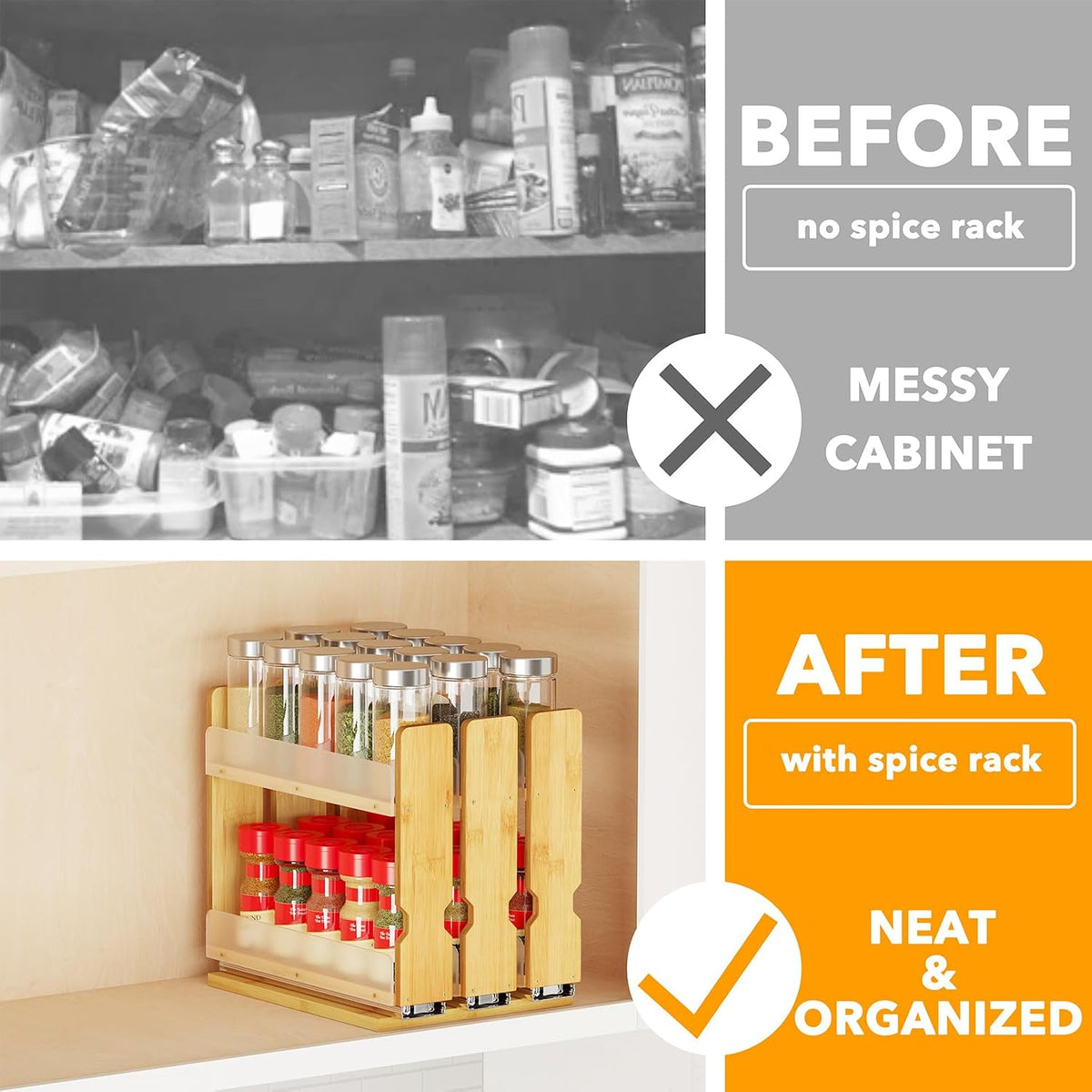 Bamboo Pull Out Spice Rack Organizer for Cabinet, Heavy Duty Slide Out – detail
