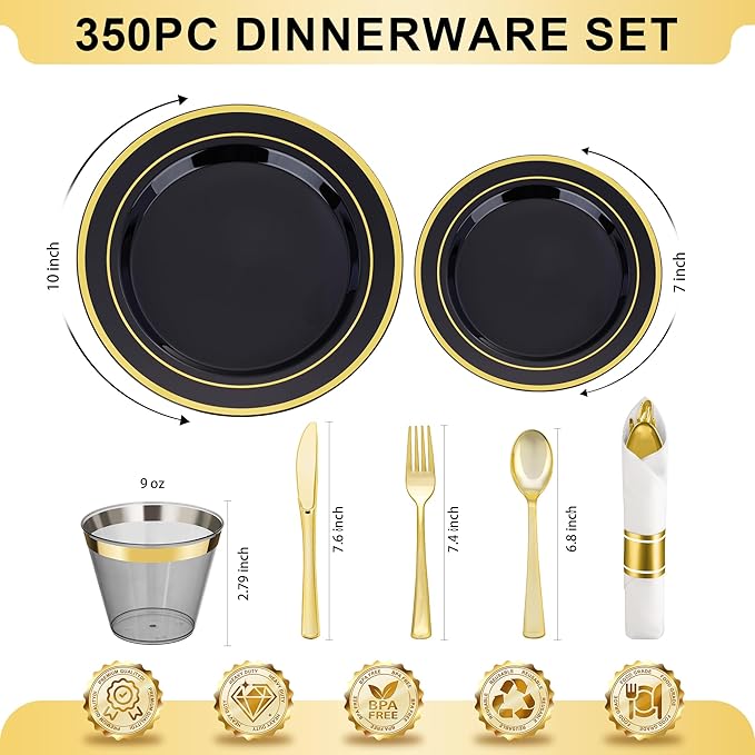 Plates Set, 350 Pieces, Black and Gold Plastic for 50 Guests