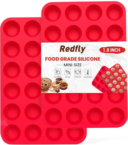 Redfly 24-Cup Silicone Mini Muffin Pan – 2 Pack Cupcake & Muffin Baking Tin Cupcake Pans