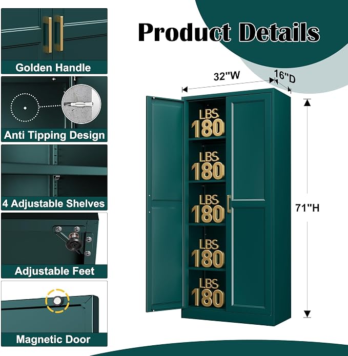 Pantry Cabinet, 71-Inch Green Metal with Doors and 4 Adjustable Shelves