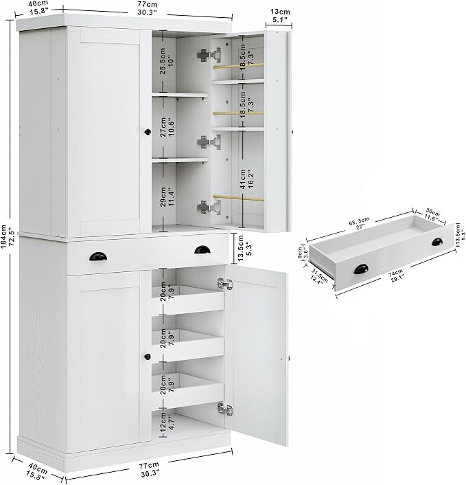 Freestanding Pantry Cabinet, 72.5-Inch Tall, White Wood with Drawer