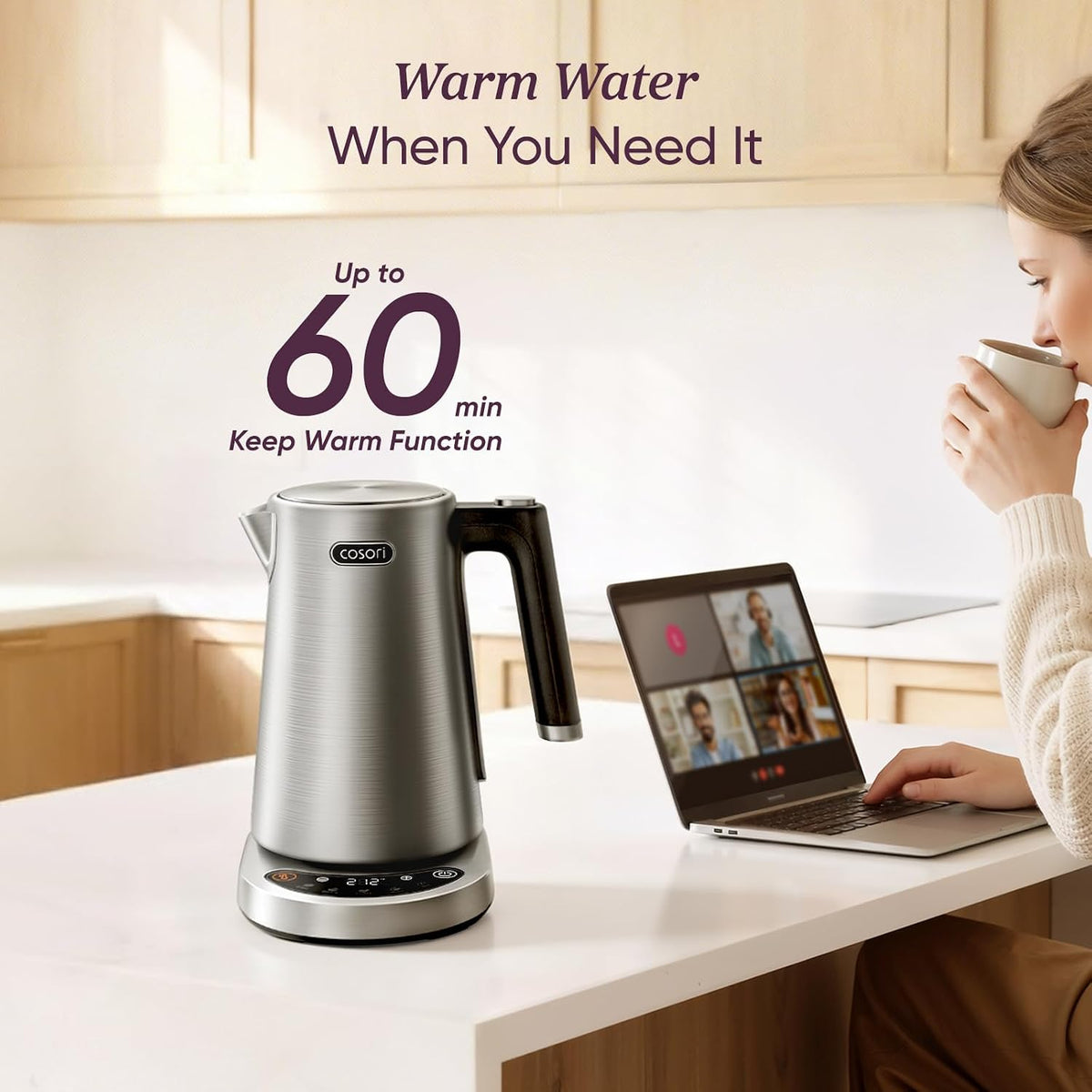 Stainless Steel Electric Kettle with Temperature Control, 1.7L – size reference