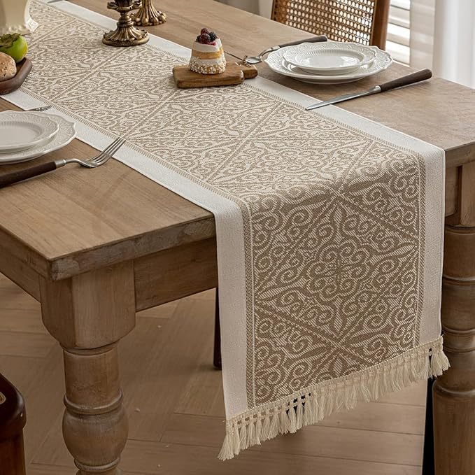 Boho Table Runner in Coffee Polyester with Fringe, 14 x 138 Inches