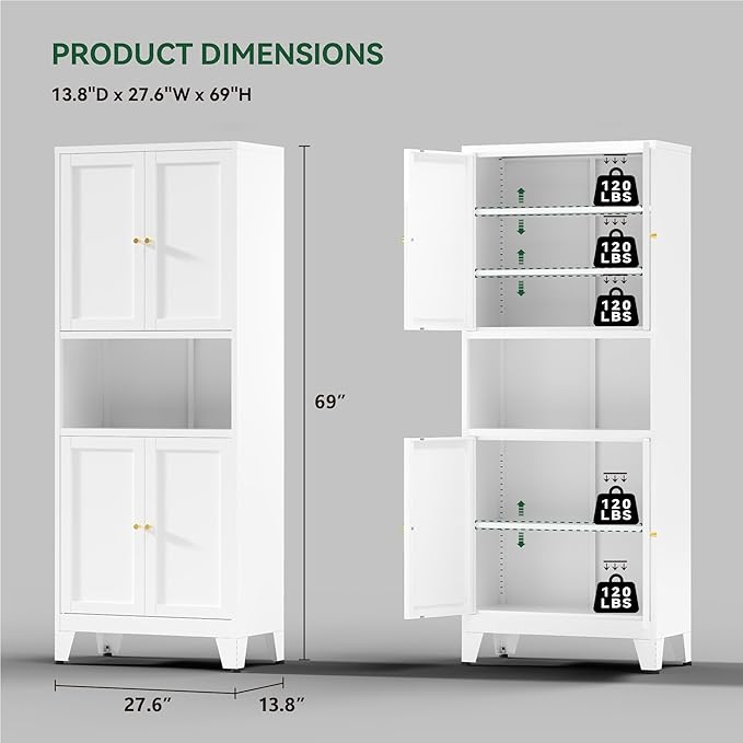 Pantry Cabinet, 69-Inch Tall White Metal with Adjustable Shelves