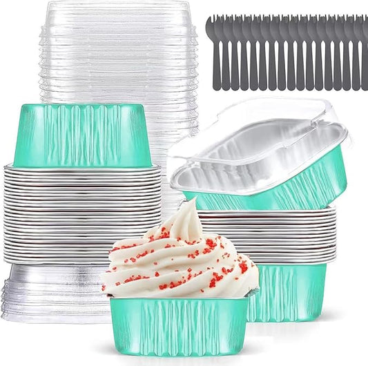 Mini Cake Pans With Lids (10oz,40 Pack) 4”x4” Aluminum Foil Square Cupcake Liners Brownie Baking Cups, Disposable Large Cupcake Pan, Jumbo Muffin Tin Ramekins Holders