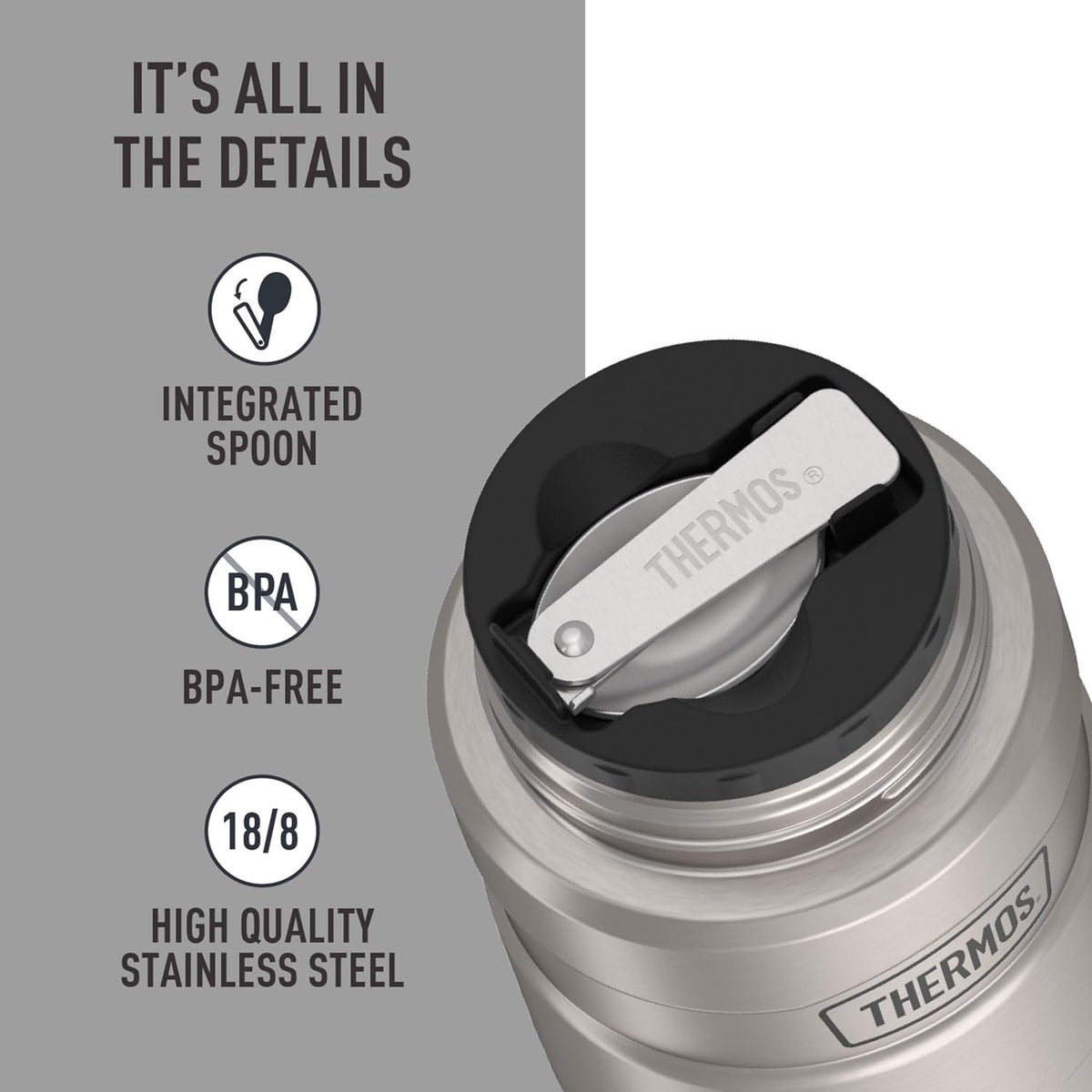 Stainless King Food Jar with Spoon, 16oz, Matte Steel – features