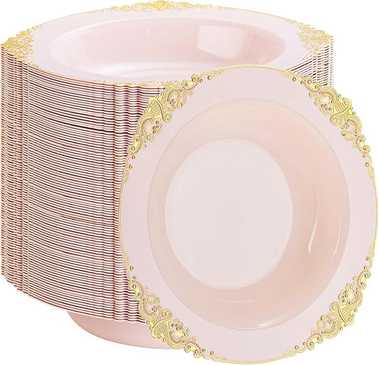 100PCS Pink Plastic Bowls - 12 oz Pink Gold Disposable Salad Bowls - Heavy Duty Disposable Soup Bowl - Fancy Plastic Ice Cream Bowl for Weddings Parties Dinners Picnics