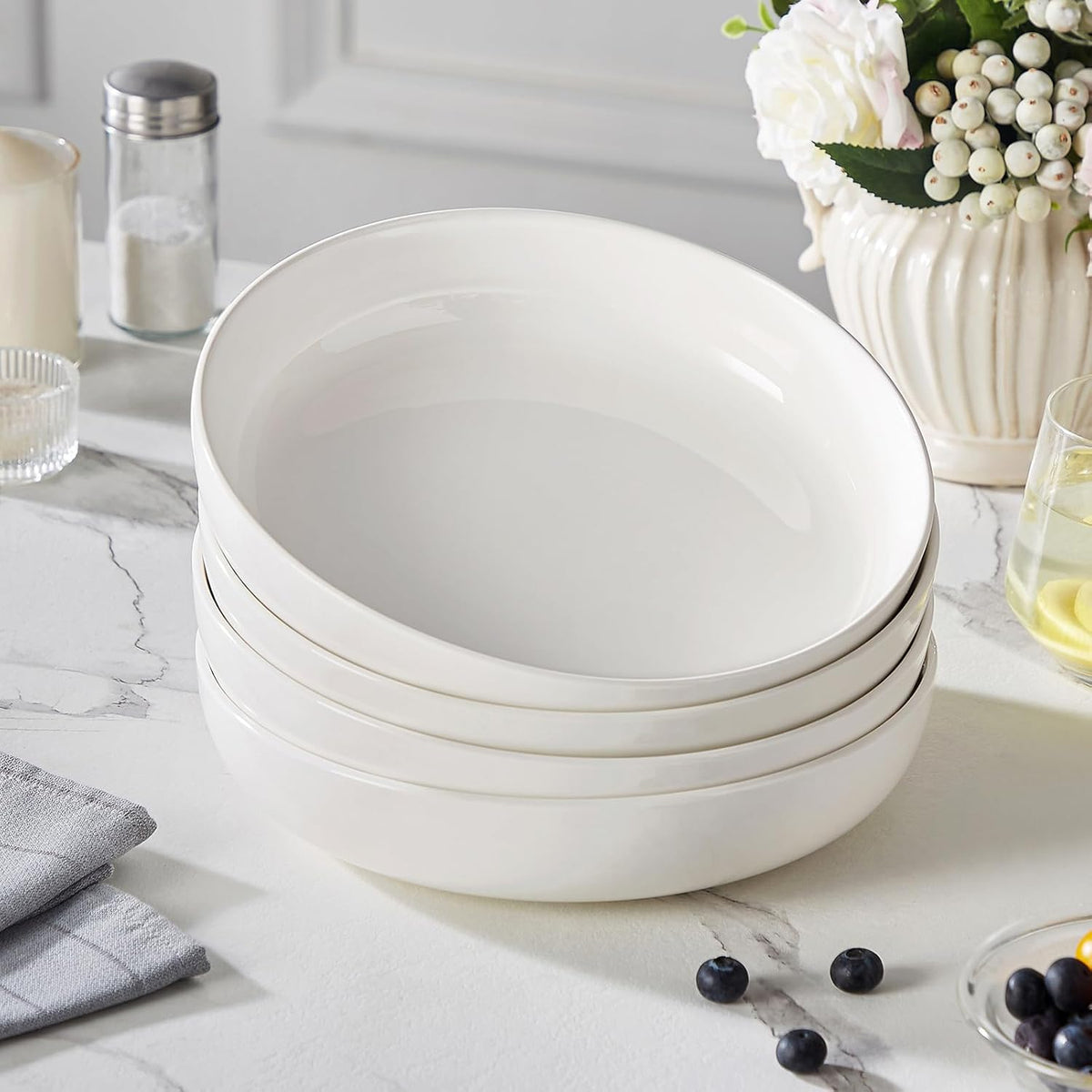 48 Oz Pasta Bowls Set of 4, Ceramic Salad Bowls, White – set view
