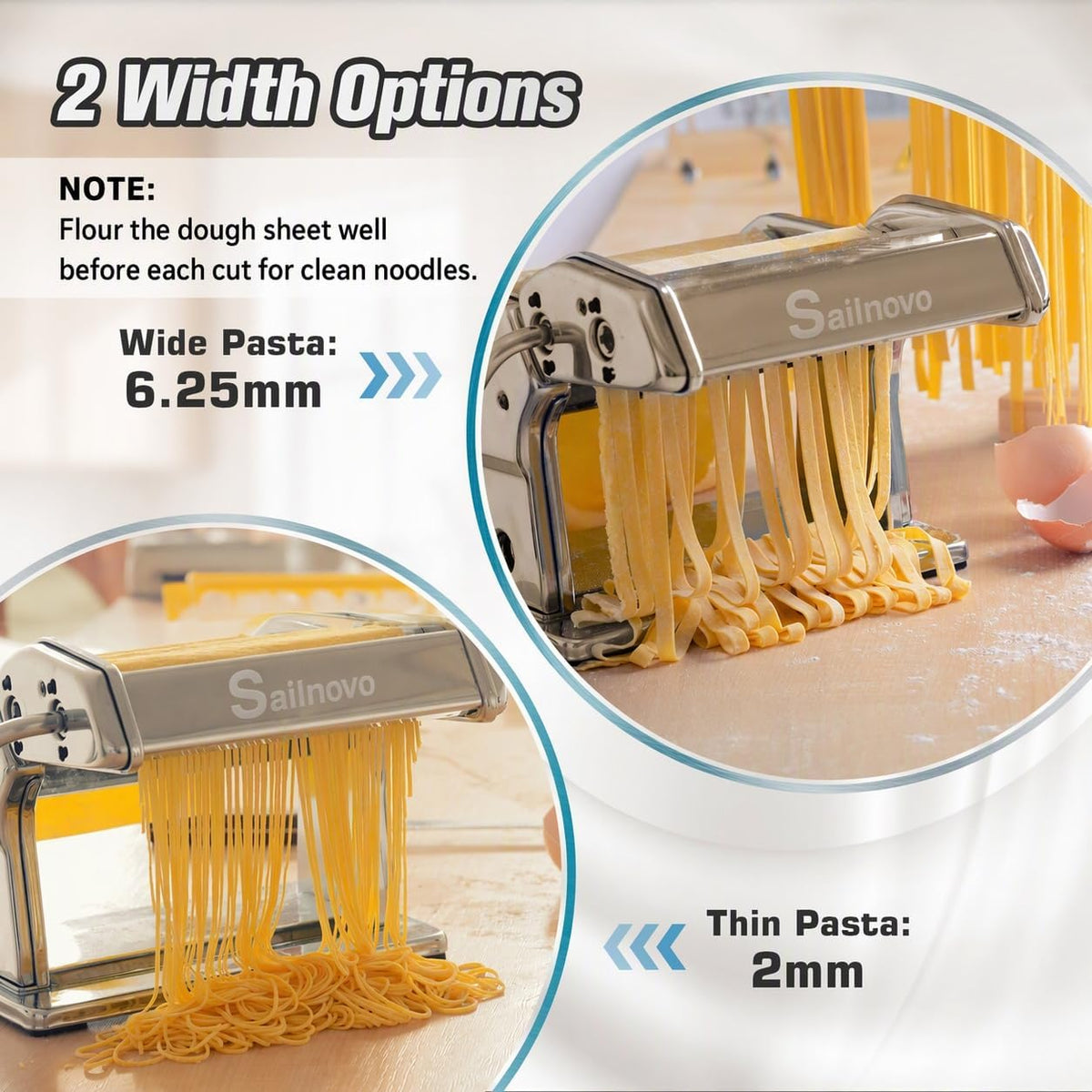 3-in-1 Pasta Maker with 9-Setting Pasta Roller & Cutters, Silver – close-up