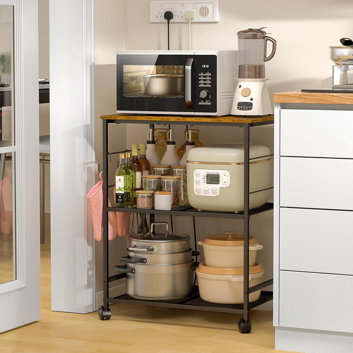 Rolling Kitchen Microwave Cart, 3 Tier Microwave Table Stand with Storage – detail